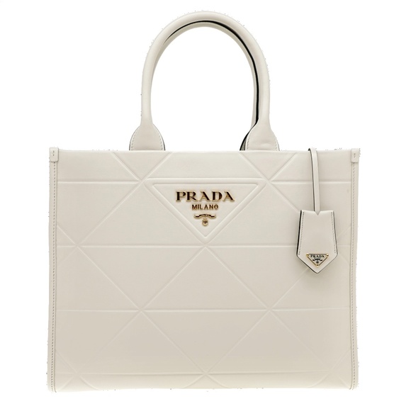 Prada Symbole Medium Tote With Topstitching White Leather 1BA378 New - Picture 1 of 7